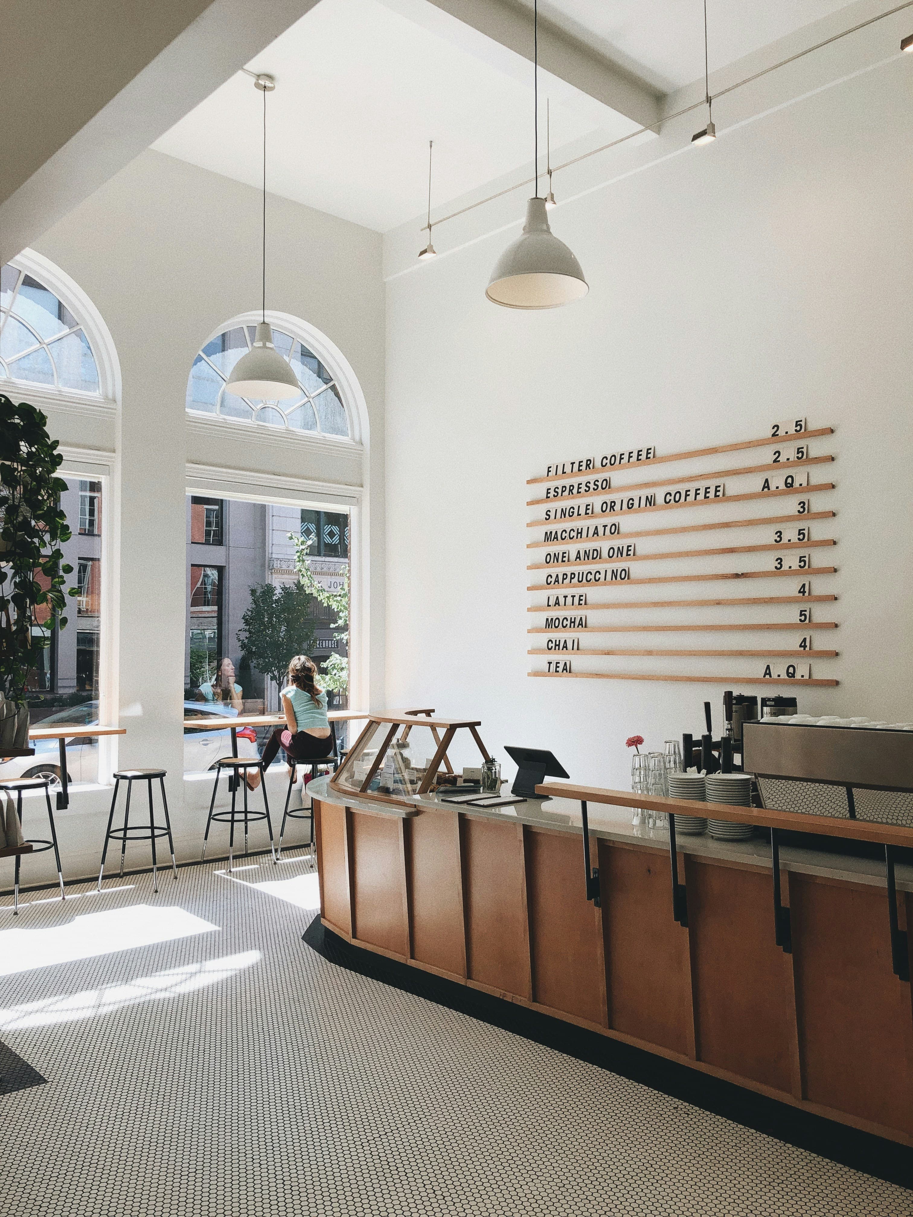 The counter of a sunlit café
