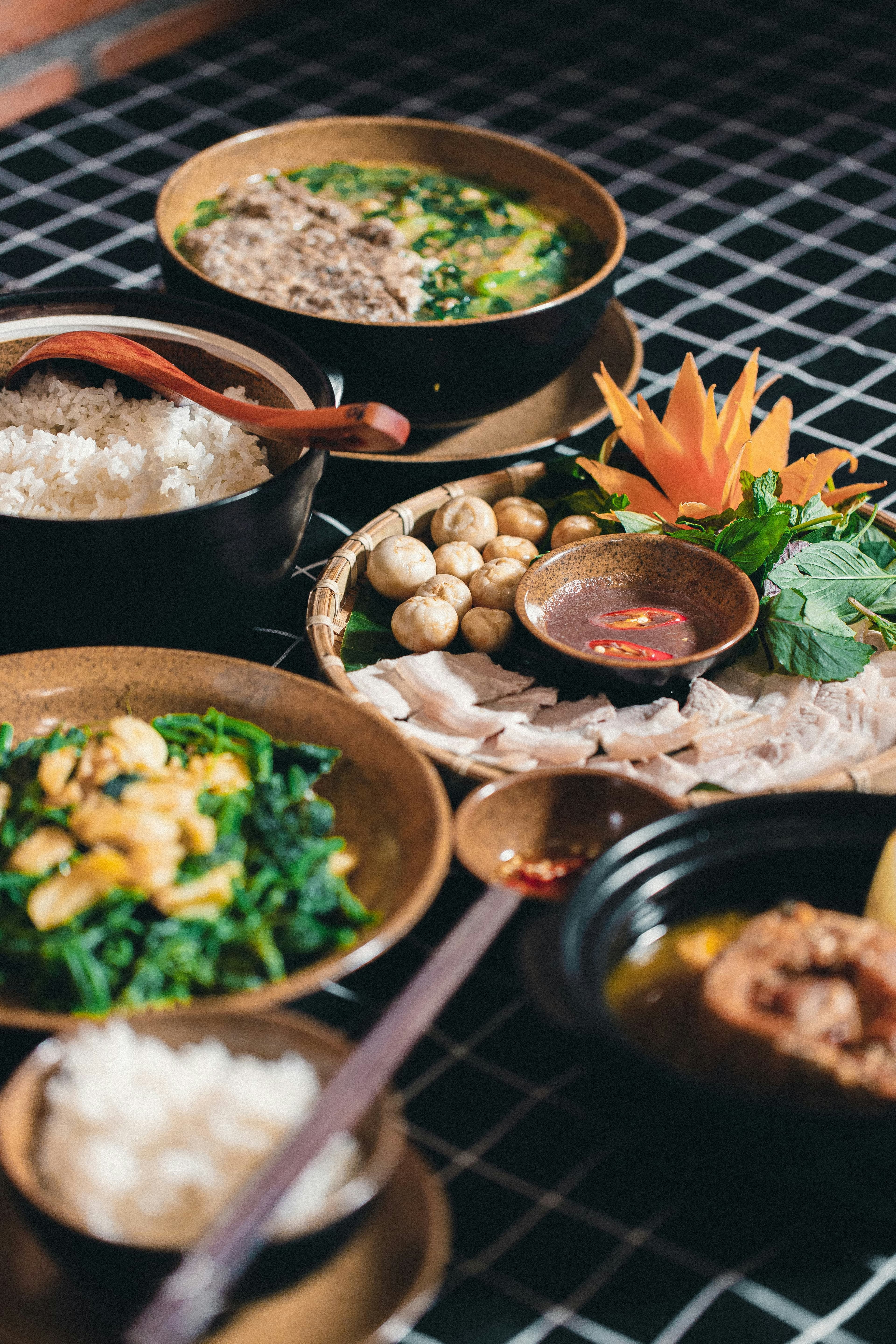 Vietnamese dishes laid out on a table